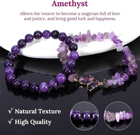 2Pcs Purple Butterfly Bracelets for Women Beaded Bracelet Irregular Gemstone Beaded Jewelry Stretch Cute Layered Bracelets Charm Accessories for Birthday Adults Ladies Gift in Saudi Arabia
