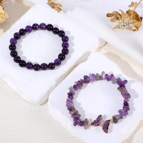 2Pcs Purple Butterfly Bracelets for Women Beaded Bracelet Irregular Gemstone Beaded Jewelry Stretch Cute Layered Bracelets Charm Accessories for Birthday Adults Ladies Gift in Saudi Arabia