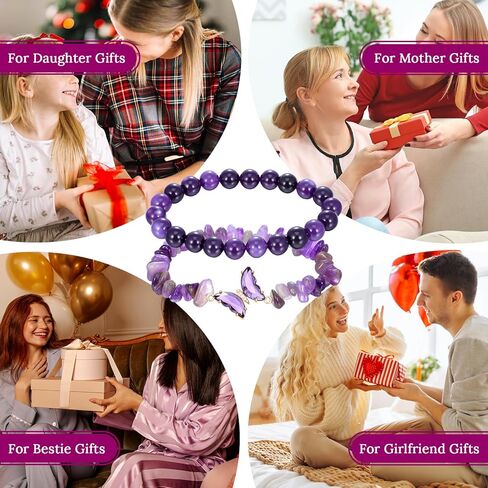 2Pcs Purple Butterfly Bracelets for Women Beaded Bracelet Irregular Gemstone Beaded Jewelry Stretch Cute Layered Bracelets Charm Accessories for Birthday Adults Ladies Gift in Saudi Arabia