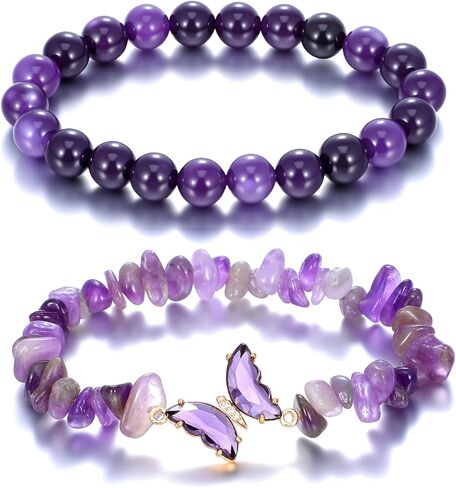 2Pcs Purple Butterfly Bracelets for Women Beaded Bracelet Irregular Gemstone Beaded Jewelry Stretch Cute Layered Bracelets Charm Accessories for Birthday Adults Ladies Gift in Saudi Arabia