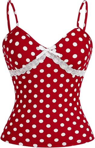 Verdusa Women's Polka Dots Bow Lace Cami Top Sleeveless V Neck Fitted Camisole Y2k Going Out Tops in Saudi Arabia