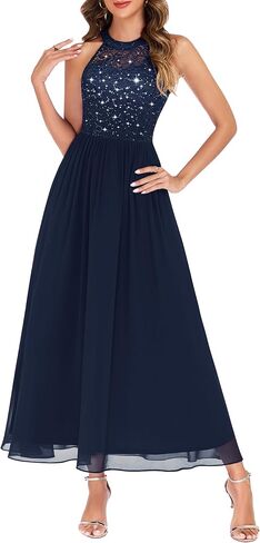 Wedtrend Women's Sparkly Sequin Dresses, Halter Long Formal Dress Floral Lace Prom Dress in Saudi Arabia