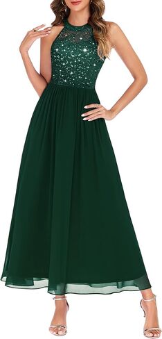 Wedtrend Women's Sparkly Sequin Dresses, Halter Long Formal Dress Floral Lace Prom Dress in Saudi Arabia