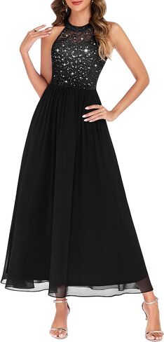 Wedtrend Women's Sparkly Sequin Dresses, Halter Long Formal Dress Floral Lace Prom Dress in Saudi Arabia