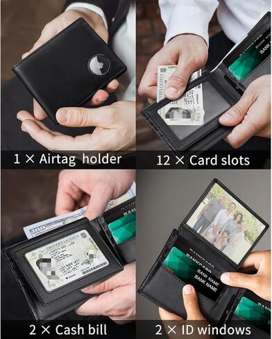 Mens Wallet with AirTag holder,Genuine Leather Bifold Wallets for Men RFID Blocking With 2 ID Window and 12 Cards Holders Gift Box (Coffee Brown) (Black) in Saudi Arabia