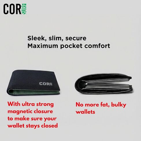 محفظة COR Surf Minimalist ثنائية الطي للرجال مع خاصية حجب RFID، إغلاق مغناطيسي، مقاومة للماء، مصنوعة من مواد معاد تدويرها، أسود (أسود) in Kuwait