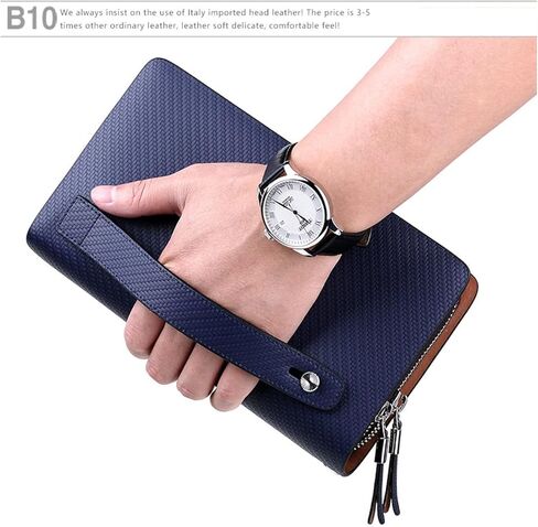 VANNANBA Men Clutch Wallet Large Leather Clutch Bag Business Double Zip Handbag Blue Black in Saudi Arabia