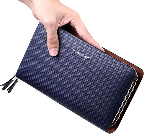 VANNANBA Men Clutch Wallet Large Leather Clutch Bag Business Double Zip Handbag Blue Black in Saudi Arabia