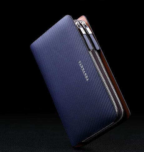 VANNANBA Men Clutch Wallet Large Leather Clutch Bag Business Double Zip Handbag Blue Black in Saudi Arabia
