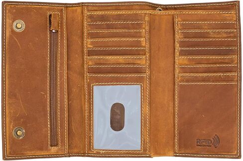 Genuine Leather Long Wallet for Men, Trifold & Checkbook, RFID Blocking, Multiple Card Slots, Zipper Coin Pocket - Design in U.S.A - Side Slip Bills Slots (J212B, Rustic Brown) in Saudi Arabia