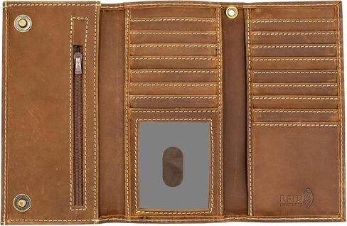Genuine Leather Long Wallet for Men, Trifold & Checkbook, RFID Blocking, Multiple Card Slots, Zipper Coin Pocket - Design in U.S.A - Side Slip Bills Slots (J212B, Rustic Brown) in Saudi Arabia