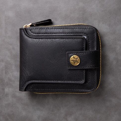 PU Leather Wallet for Men, Mini Portable Bifold Mens’ Wallet with Zipper Buckle Multi Compartments ID Windows (Black) in Saudi Arabia