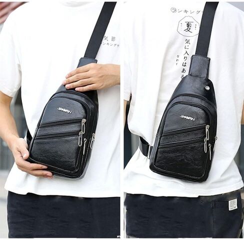 Crossbody Bag PU Men Sling Casual Large Capacity Chest Handbag(Black) in Saudi Arabia