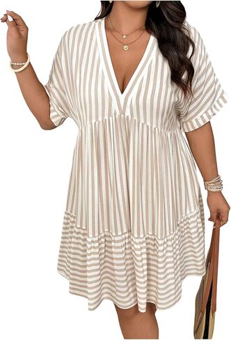 SOLY HUX Women's Plus Size Striped Ruffle Dress Summer Deep V Neck Half Sleeve Flowy Babydoll Dresses in Saudi Arabia