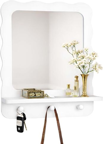 Wood Wall Mount Mirror with Shelf and 3 Hooks, 16 x 12 Inch Modern Scallop Decorative Entryway Mirror for Living Room, Bathroom, Bedroom, Vanity, Black in Saudi Arabia