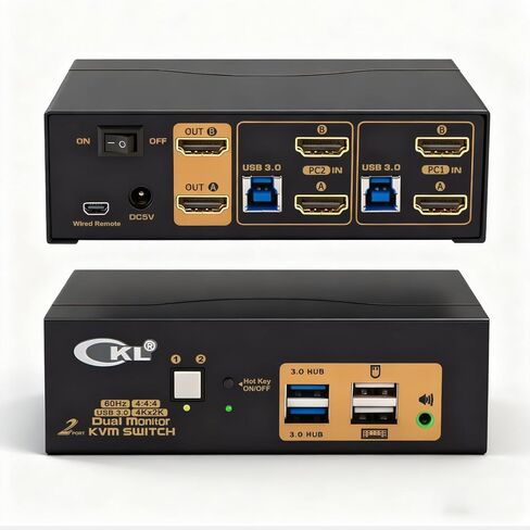 CKL KVM Switch Dual Monitor HDMI 4K@60Hz (2 Monitors 4 Computers 942HUA-3) for Home and Office to Console Desktops/Laptops, Support USB 3.0, Hot Key, Audio, Wireless Keyboard and Mouse in Kuwait
