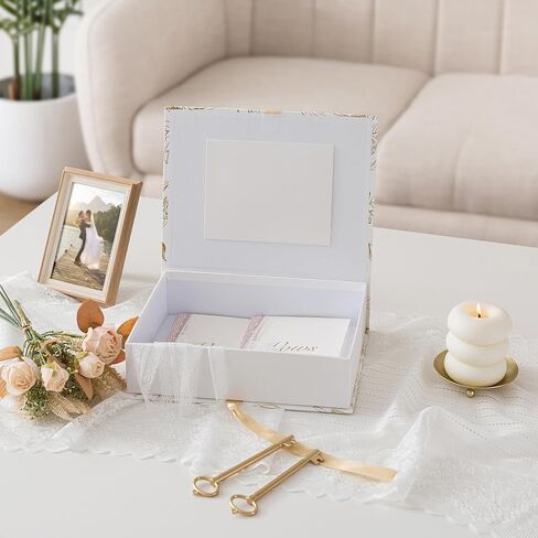 صندوق تذكار الزفاف من Soul & Lane مع غطاء وشريط للإغلاق، صندوق ذاكرة الزفاف الأبيض مع إطار صورة، 11.5 × 8.7 × 3 بوصة، منظم تذكار الزفاف، للأبد ودائمًا in Kuwait