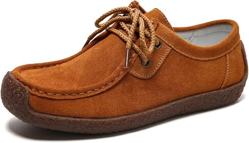Sunporx Womens Suede Oxford Shoes Lace Up Comfort Casual Cowhide Square Toe Driving Moccasins Slip On Bowknot Penny Flat Loafers in Saudi Arabia