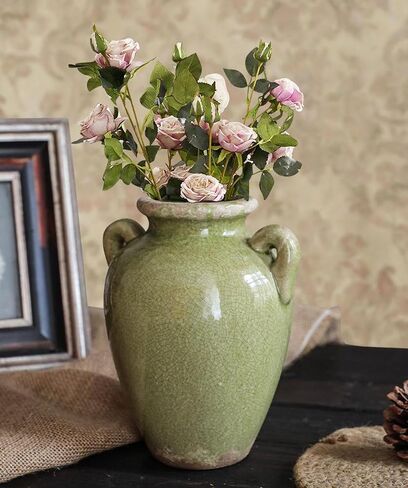 8 Inch Vintage Ceramic Vase, Rustic Chinoiserie Flower Vase Farmhouse Decorative Vases for Home Decor, Ice Cracked Glazed Terracotta Vases for Table Centerpiece Living Room Shelf Decor in Saudi Arabia