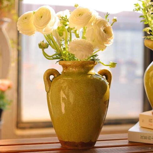 8 Inch Vintage Ceramic Vase, Rustic Chinoiserie Flower Vase Farmhouse Decorative Vases for Home Decor, Ice Cracked Glazed Terracotta Vases for Table Centerpiece Living Room Shelf Decor in Saudi Arabia