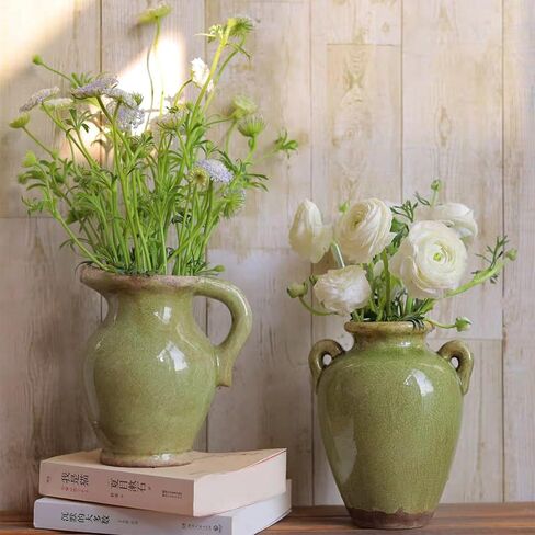 8 Inch Vintage Ceramic Vase, Rustic Chinoiserie Flower Vase Farmhouse Decorative Vases for Home Decor, Ice Cracked Glazed Terracotta Vases for Table Centerpiece Living Room Shelf Decor in Saudi Arabia