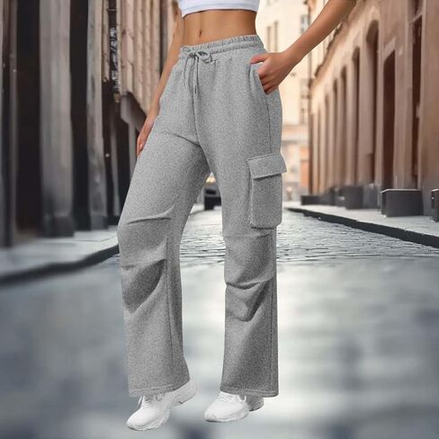 Wide Leg Cargo Sweatpants Women Drawstring High Waisted Baggy Palazzo Pants Stretchy Athletic Lounge Pants with Pockets in Saudi Arabia