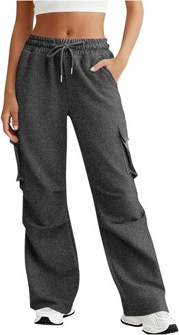Wide Leg Cargo Sweatpants Women Drawstring High Waisted Baggy Palazzo Pants Stretchy Athletic Lounge Pants with Pockets in Saudi Arabia
