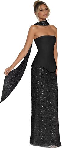 Satin Mermaid Strapless Prom Dresses 2026 Women Long Sequin Evening Gown with Scarf Sparkly Formal Party Dress in Saudi Arabia
