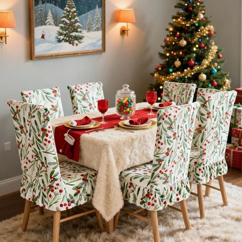 JarThenaAMCS 4Pcs Christmas Chair Covers Dining Chair Slipcover Xmas Holly & Berry Removable Seat Covers for Home Kitchen Hotel Restaurant Decor in Saudi Arabia
