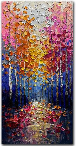 V-inspire Abstract Forest Oil Painting, Hand Painted Canvas Wall Art, 24 x 48 inches, Colorful Autumn Landscape in Saudi Arabia
