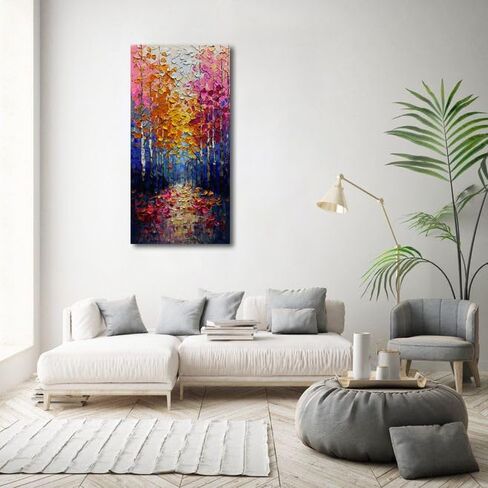 V-inspire Abstract Forest Oil Painting, Hand Painted Canvas Wall Art, 24 x 48 inches, Colorful Autumn Landscape in Saudi Arabia
