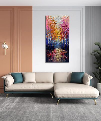 V-inspire Abstract Forest Oil Painting, Hand Painted Canvas Wall Art, 24 x 48 inches, Colorful Autumn Landscape in Saudi Arabia