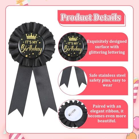 2 Pcs ''IT'S MY Birthday'' Brooch, Happy Birthday Badge Pin, Black Pink Birthday Button Decorations for Men Women in Saudi Arabia
