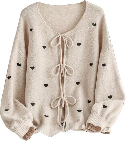 WDIRARA Women's Plus Size Heart Pattern Tie Front Cardigan Sweater Long Sleeve Knit Outerwear in Saudi Arabia