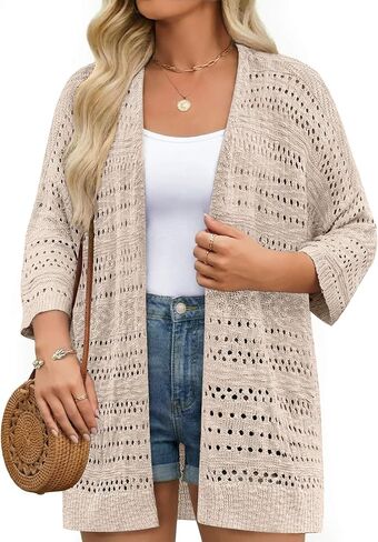 IN'VOLAND Plus Size 3/4 Sleeve Crochet Cardigan for Women Summer Lightweight Kimono Boho Open Front Knitted Cardigans in Saudi Arabia