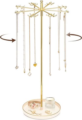 Necklace Holder Jewelry Stand, Rotating Necklace Holder Organizer with 32 Hooks, Metal Spinning Jewelry Display Stand for Long Necklace Earring Bracelet Keychain Tree Stand for Women Gold in Saudi Arabia
