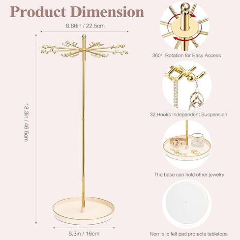 Necklace Holder Jewelry Stand, Rotating Necklace Holder Organizer with 32 Hooks, Metal Spinning Jewelry Display Stand for Long Necklace Earring Bracelet Keychain Tree Stand for Women Gold in Saudi Arabia