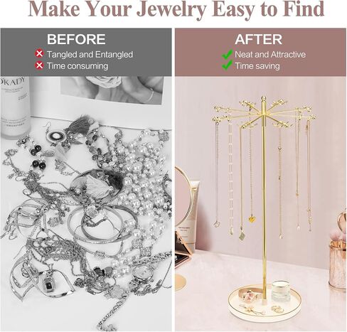 Necklace Holder Jewelry Stand, Rotating Necklace Holder Organizer with 32 Hooks, Metal Spinning Jewelry Display Stand for Long Necklace Earring Bracelet Keychain Tree Stand for Women Gold in Saudi Arabia