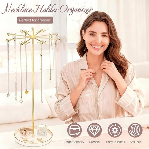 Necklace Holder Jewelry Stand, Rotating Necklace Holder Organizer with 32 Hooks, Metal Spinning Jewelry Display Stand for Long Necklace Earring Bracelet Keychain Tree Stand for Women Gold in Saudi Arabia