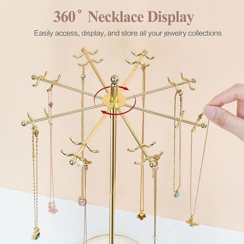 Necklace Holder Jewelry Stand, Rotating Necklace Holder Organizer with 32 Hooks, Metal Spinning Jewelry Display Stand for Long Necklace Earring Bracelet Keychain Tree Stand for Women Gold in Saudi Arabia