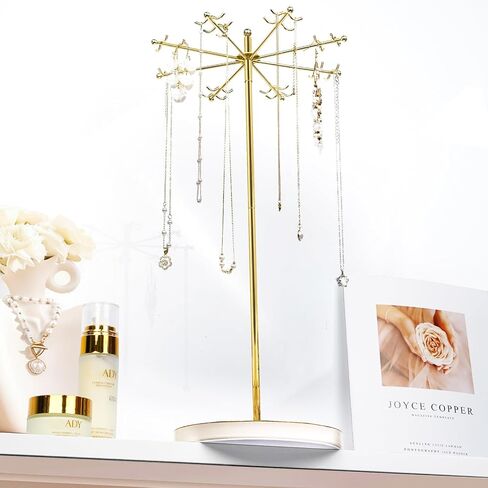 Necklace Holder Jewelry Stand, Rotating Necklace Holder Organizer with 32 Hooks, Metal Spinning Jewelry Display Stand for Long Necklace Earring Bracelet Keychain Tree Stand for Women Gold in Saudi Arabia