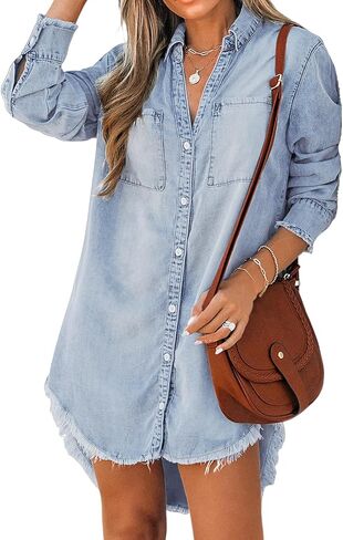 Women's Denim Shirt Dresses Long Sleeve Denim Shirt Button Down Blouse Casual Tunic Tops in Saudi Arabia