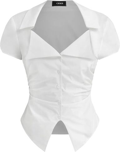 CIDER Plaid Shirt Women Button Down Fitted Crop Top Short Sleeve Checks Blouse Collared Neck Preppy Slim Fit in Saudi Arabia