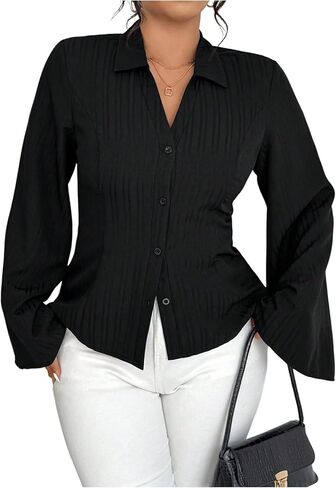 SOLY HUX Women's Plus Size Button Down Shirt Collared V Neck Bell Long Sleeve Casual Work Blouse Tops in Saudi Arabia