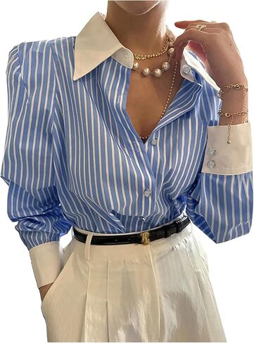 GORGLITTER Women's Striped Puff Long Sleeve Button Down Shirts Blouse Business Casual Fall Collared Work Office Tops in Saudi Arabia