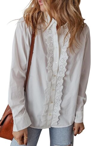 Women's White Lace Crochet Trim Long Sleeve Shirt with Turn-Down Collar in Saudi Arabia