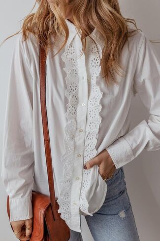 Women's White Lace Crochet Trim Long Sleeve Shirt with Turn-Down Collar in Saudi Arabia
