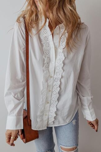 Women's White Lace Crochet Trim Long Sleeve Shirt with Turn-Down Collar in Saudi Arabia