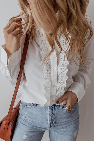 Women's White Lace Crochet Trim Long Sleeve Shirt with Turn-Down Collar in Saudi Arabia