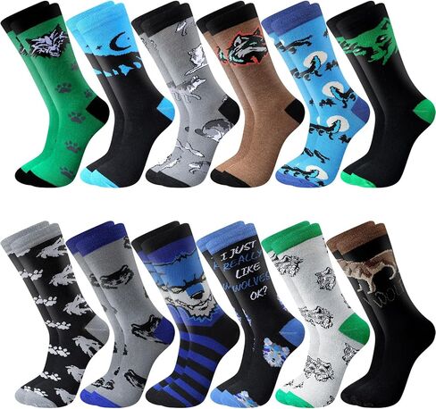 Shihanee 12 Pairs Wolf Funny Socks Gifts for Men Christmas Novelty Fun Wolves Animal Crew Socks Bulk for Men Dad Grandpa Wolf Lovers in Saudi Arabia